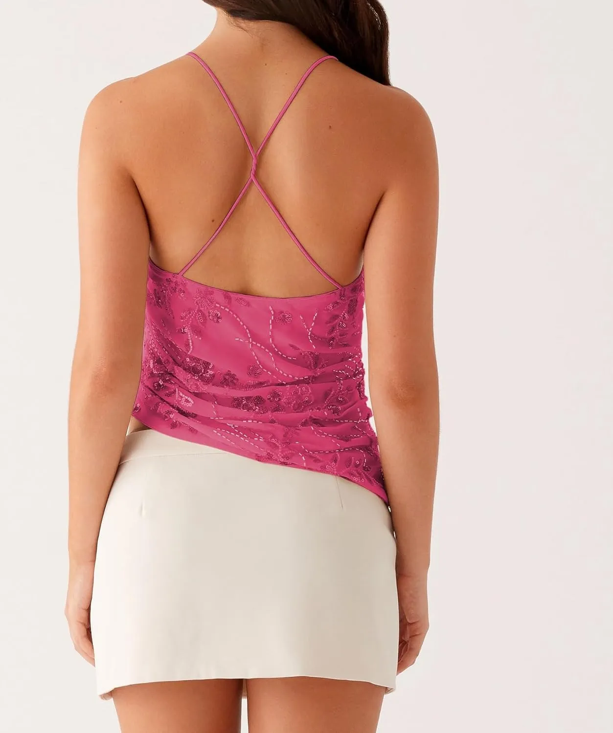 Y2K Halter Sequin Sparkly Tops for Women Cute Backless Rhinestone Pearl Camisole Low Cut Sleeveless Going Out Tops