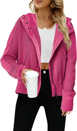 Yanekop Womens Waffle Knit Jackets Zip Up Hoodie Jacket Long Sleeve Cropped Hoodie Fall Outfits Casual Winter Clothes