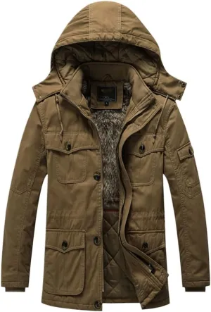 YIOLEAMP Winter Men Thicken Warm Cotton-Padded Fleece Jackets Windbreaker Fur Hooded Outwear Parka Coats