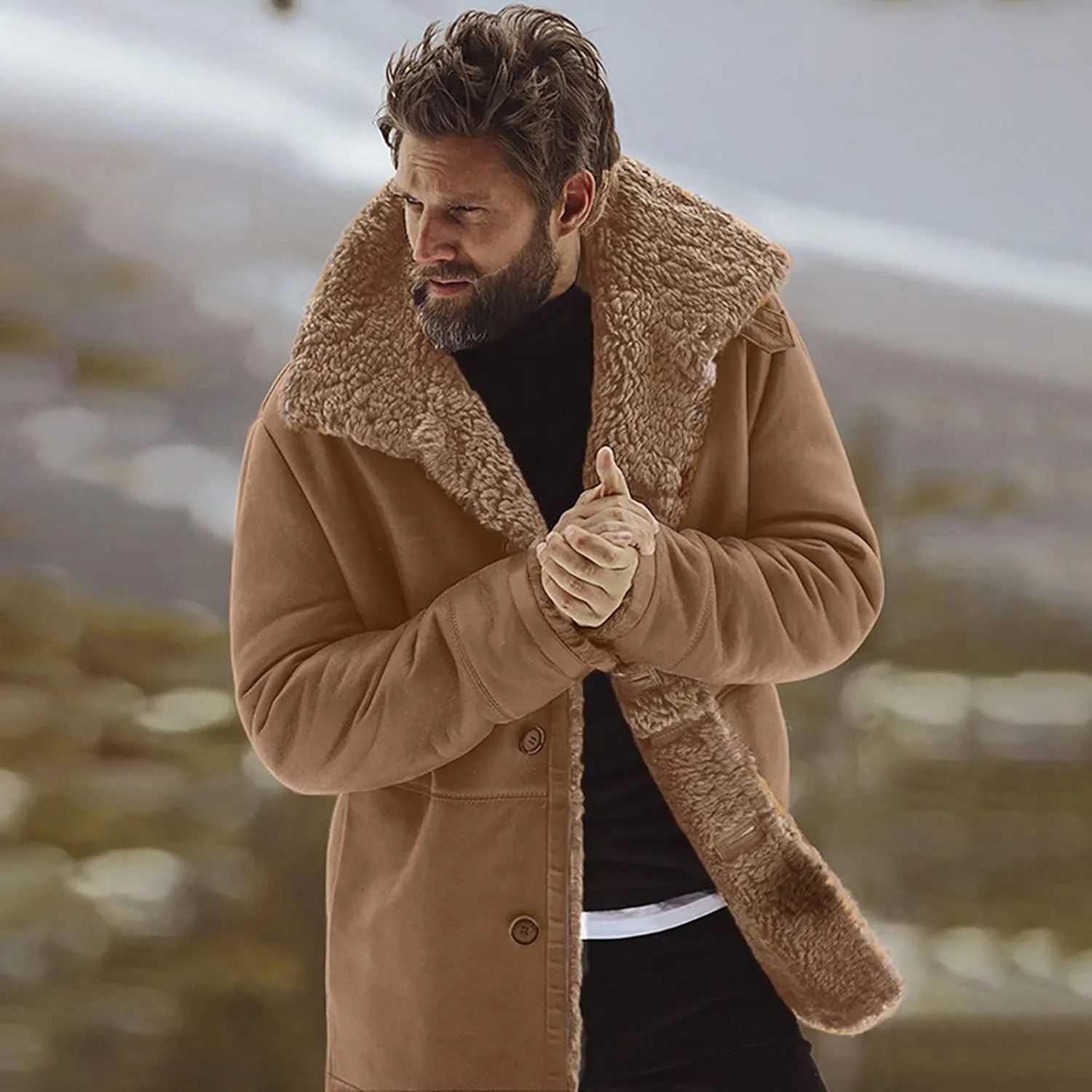 Ymosrh Mens Leather Jacket Winter Sheepskin Jacket Warm Wool Lined Mountain Faux Lamb Jackets Coat Flannel Jacket