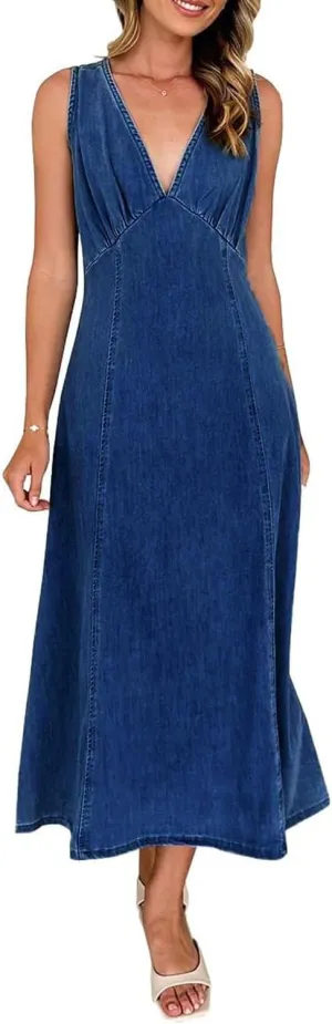 yoeasy Women's Summer Denim Dress Sleeveless V Neck High Waist Trendy Casual A Line Jean Maxi Dress