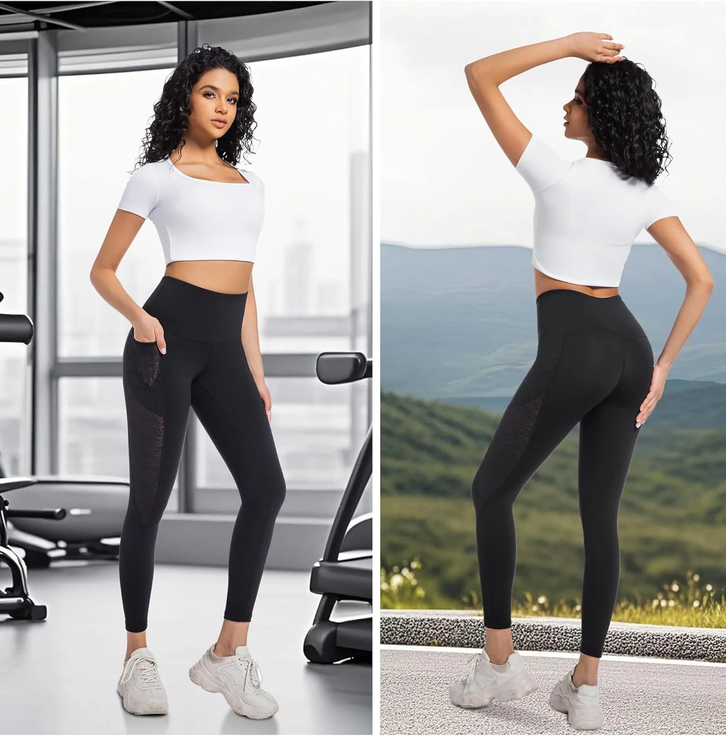 Yoga Pants for Women - High-Waist Lace Leggings Breathable Moisture-Wicking with Pockets,Perfect for Yoga Running