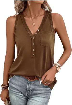 Yuaelria Women's Half Button Patched Pocket Tank Top Summer V Neck Sleeveless Loose Solid Color Casual Basic Shirts