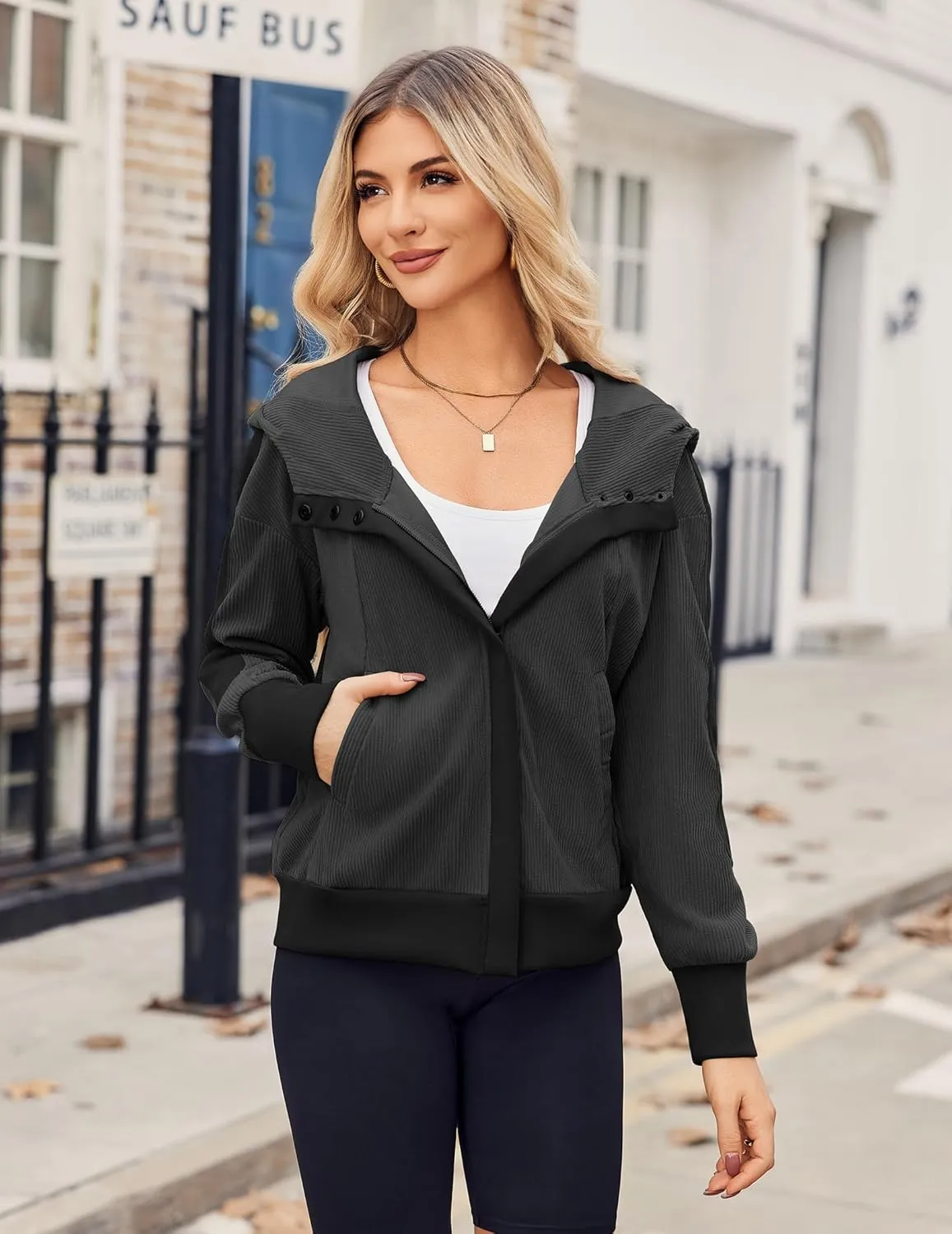 Zeagoo Womens Corduroy Knit Hoodies Zip Up Shirt Jacket Slouchy Short Jackets Casual Long Sleeve Shackets