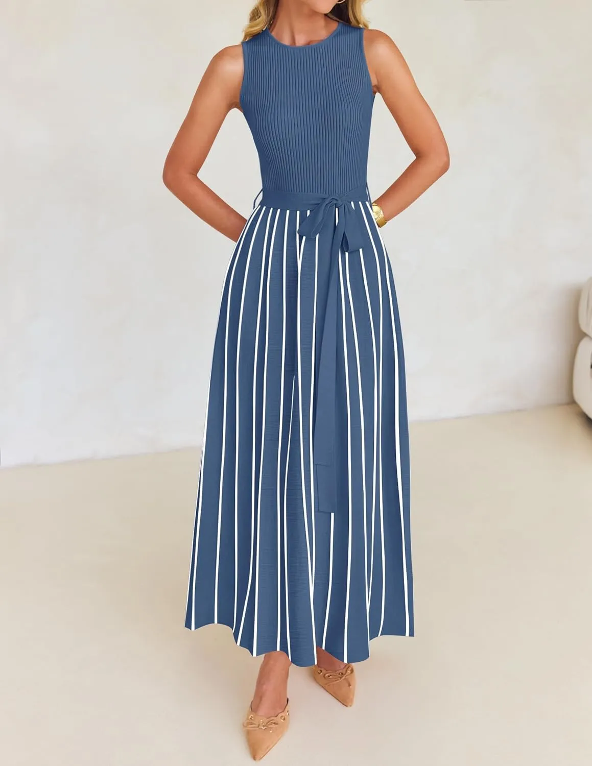 ZESICA Women's Summer Sleeveless Midi Dress 2025 Crewneck Ribbed Knit Tie Waist Casual A Line Swing Dresses