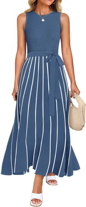 ZESICA Women's Summer Sleeveless Midi Dress 2025 Crewneck Ribbed Knit Tie Waist Casual A Line Swing Dresses