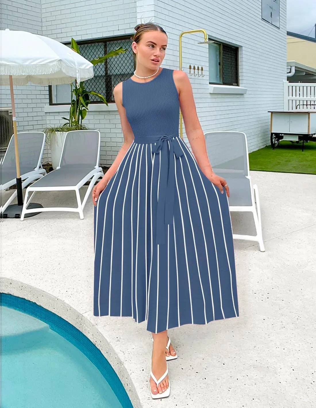 ZESICA Women's Summer Sleeveless Midi Dress 2025 Crewneck Ribbed Knit Tie Waist Casual A Line Swing Dresses