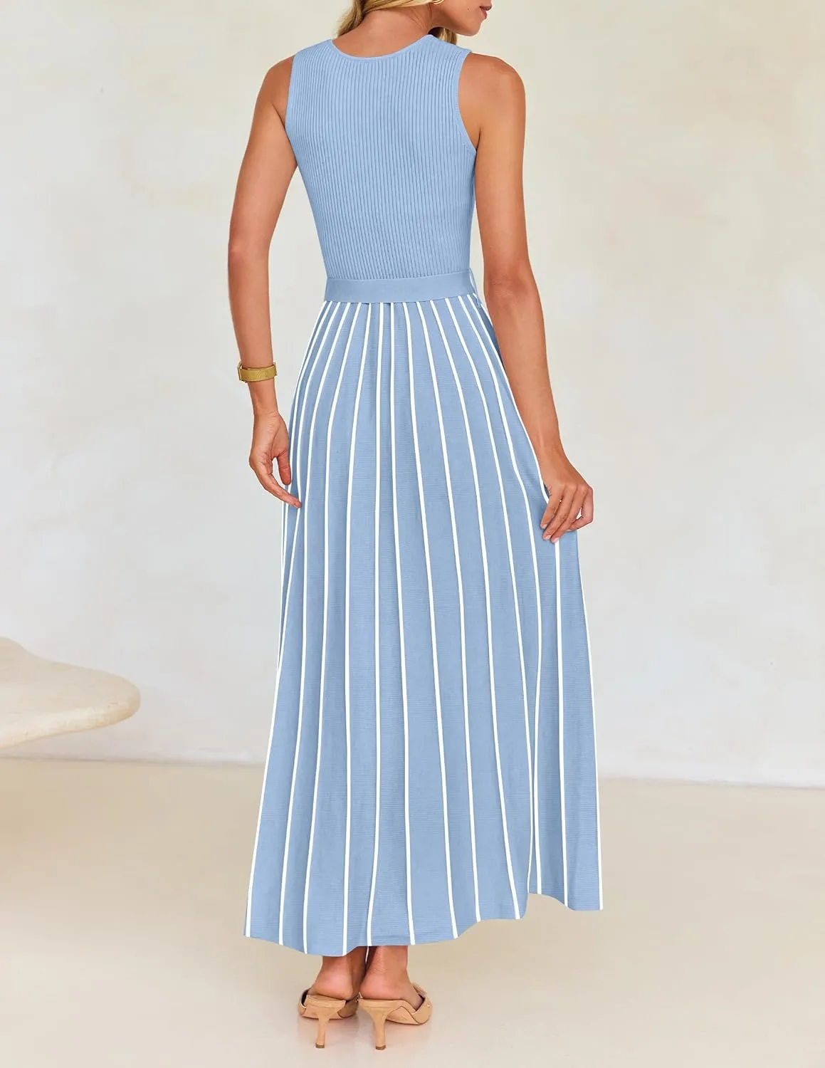 ZESICA Women's Summer Sleeveless Midi Dress 2025 Crewneck Ribbed Knit Tie Waist Casual A Line Swing Dresses