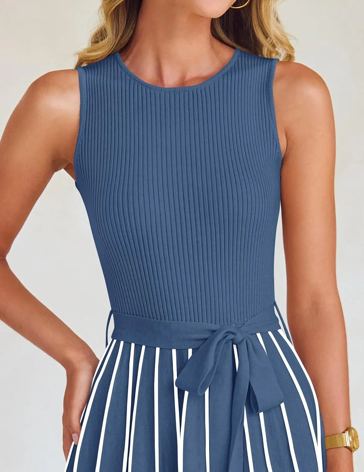 ZESICA Women's Summer Sleeveless Midi Dress 2025 Crewneck Ribbed Knit Tie Waist Casual A Line Swing Dresses