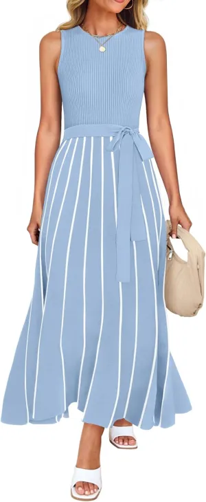 ZESICA Women's Summer Sleeveless Midi Dress 2025 Crewneck Ribbed Knit Tie Waist Casual A Line Swing Dresses