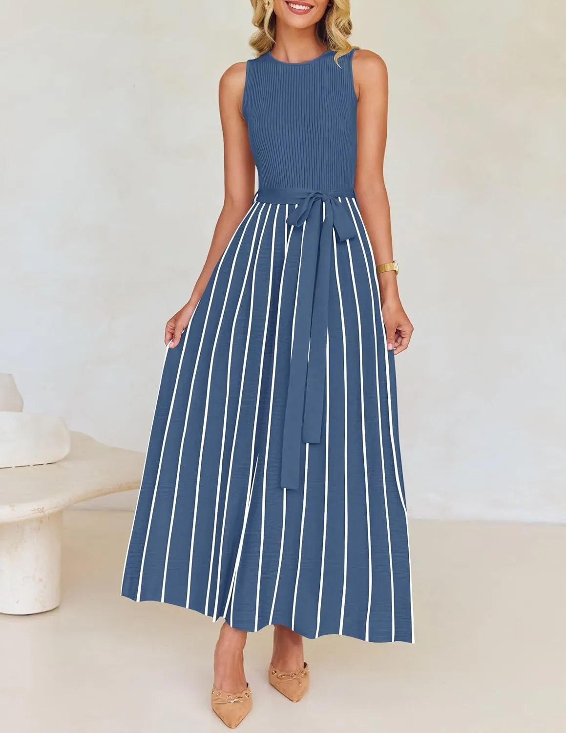 ZESICA Women's Summer Sleeveless Midi Dress 2025 Crewneck Ribbed Knit Tie Waist Casual A Line Swing Dresses