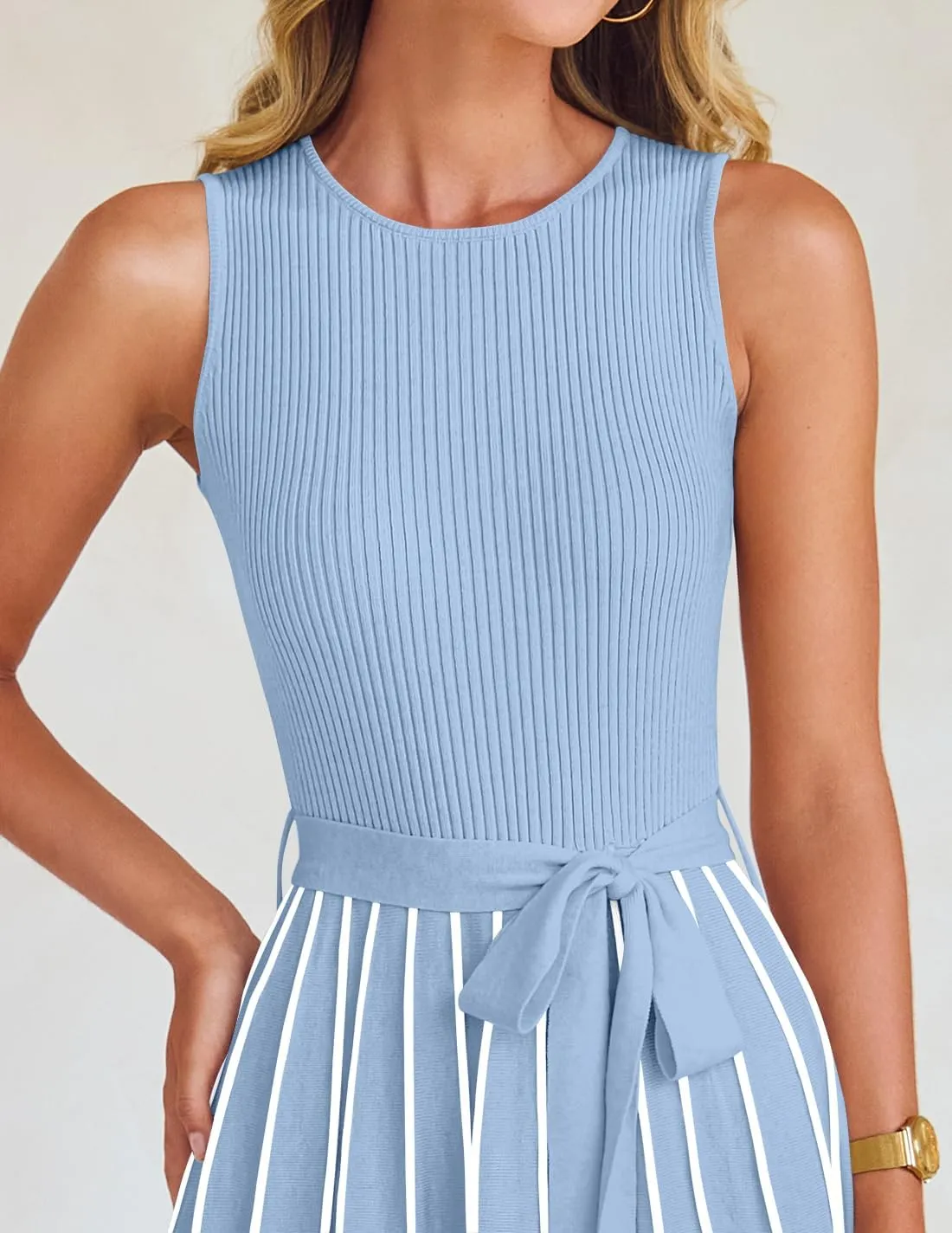 ZESICA Women's Summer Sleeveless Midi Dress 2025 Crewneck Ribbed Knit Tie Waist Casual A Line Swing Dresses