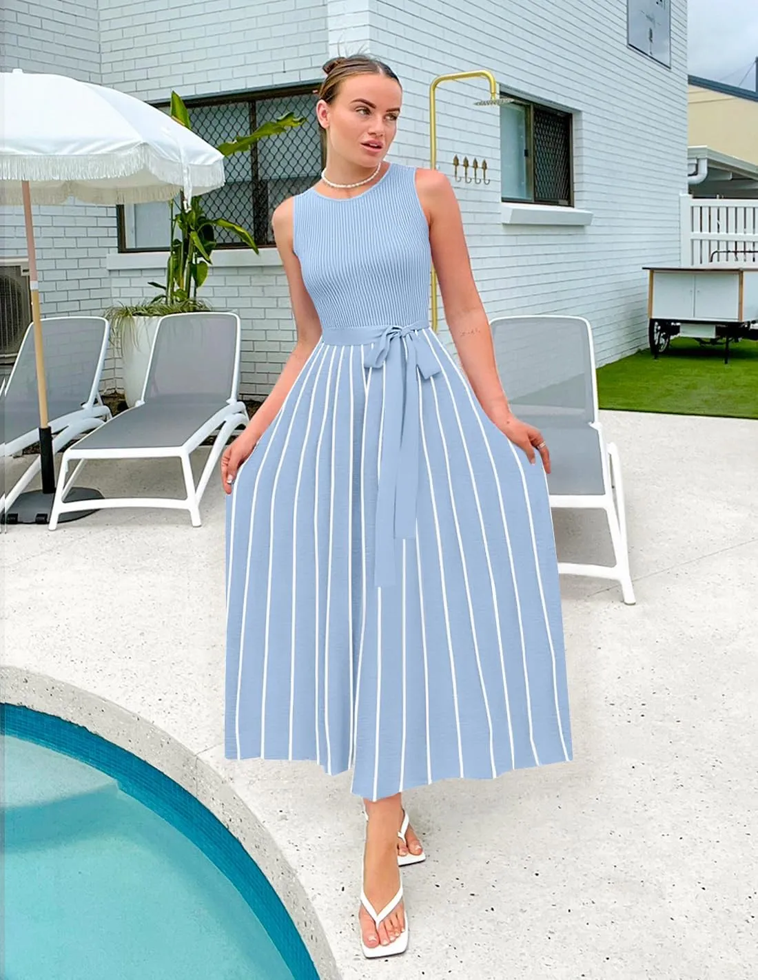 ZESICA Women's Summer Sleeveless Midi Dress 2025 Crewneck Ribbed Knit Tie Waist Casual A Line Swing Dresses