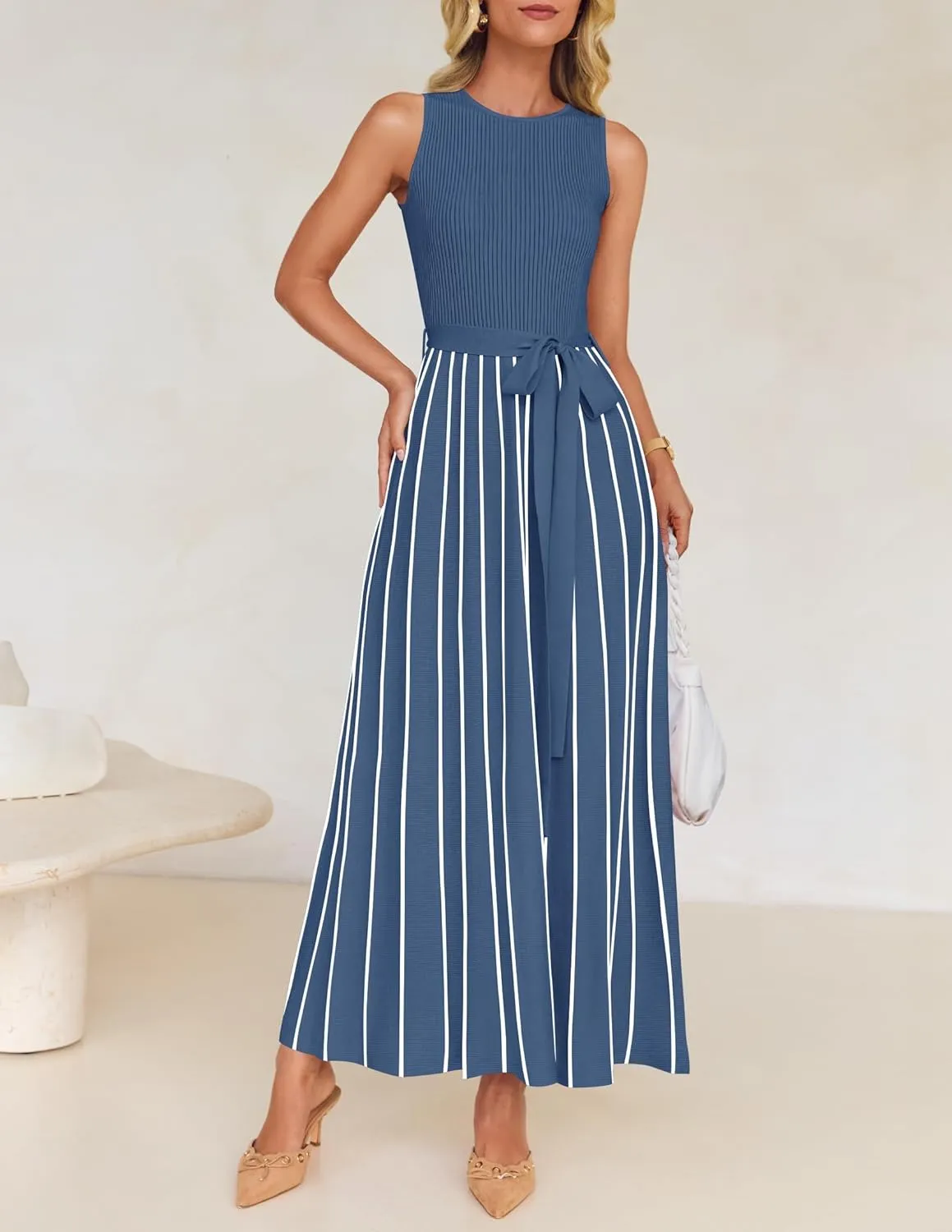 ZESICA Women's Summer Sleeveless Midi Dress 2025 Crewneck Ribbed Knit Tie Waist Casual A Line Swing Dresses