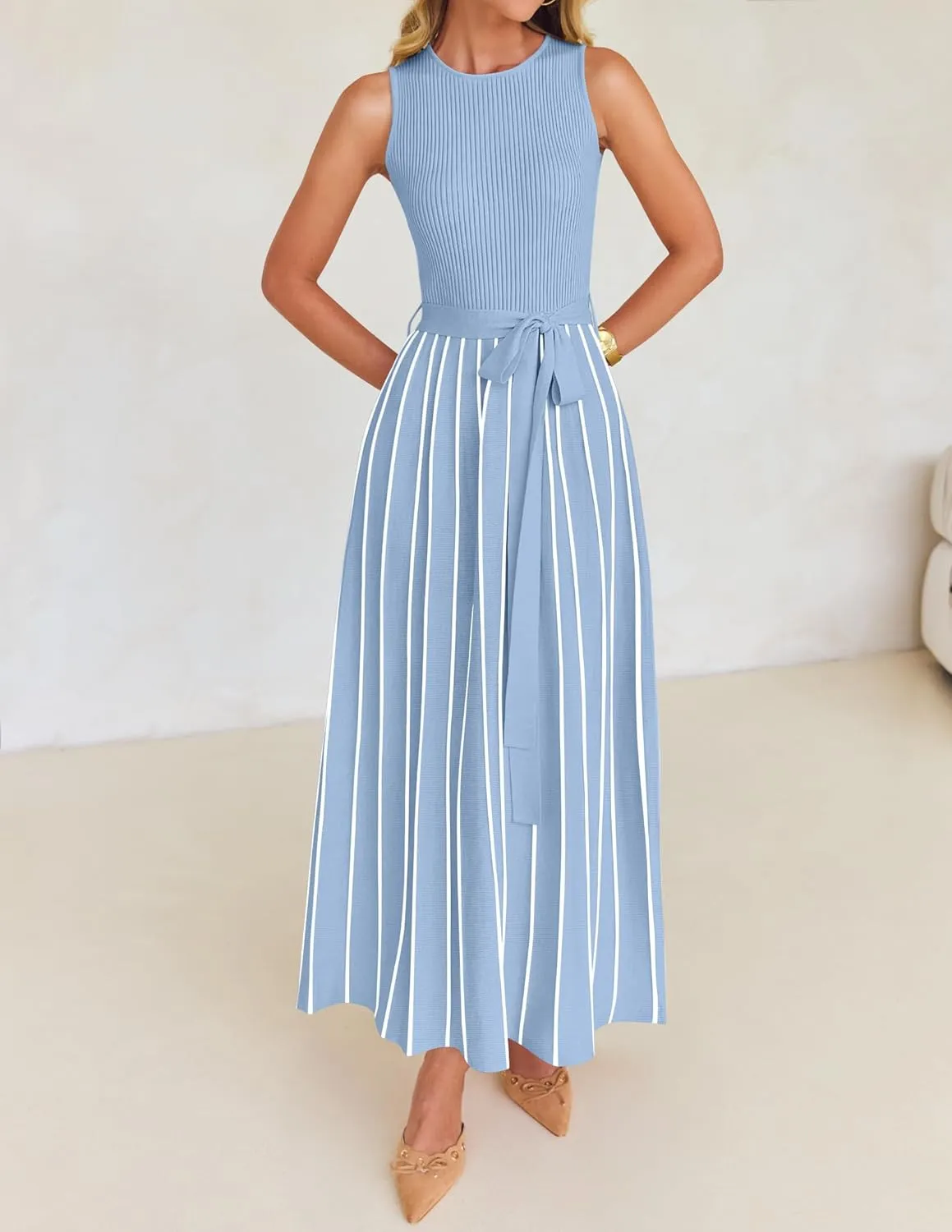 ZESICA Women's Summer Sleeveless Midi Dress 2025 Crewneck Ribbed Knit Tie Waist Casual A Line Swing Dresses