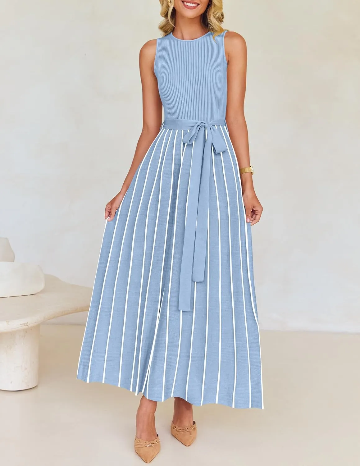 ZESICA Women's Summer Sleeveless Midi Dress 2025 Crewneck Ribbed Knit Tie Waist Casual A Line Swing Dresses
