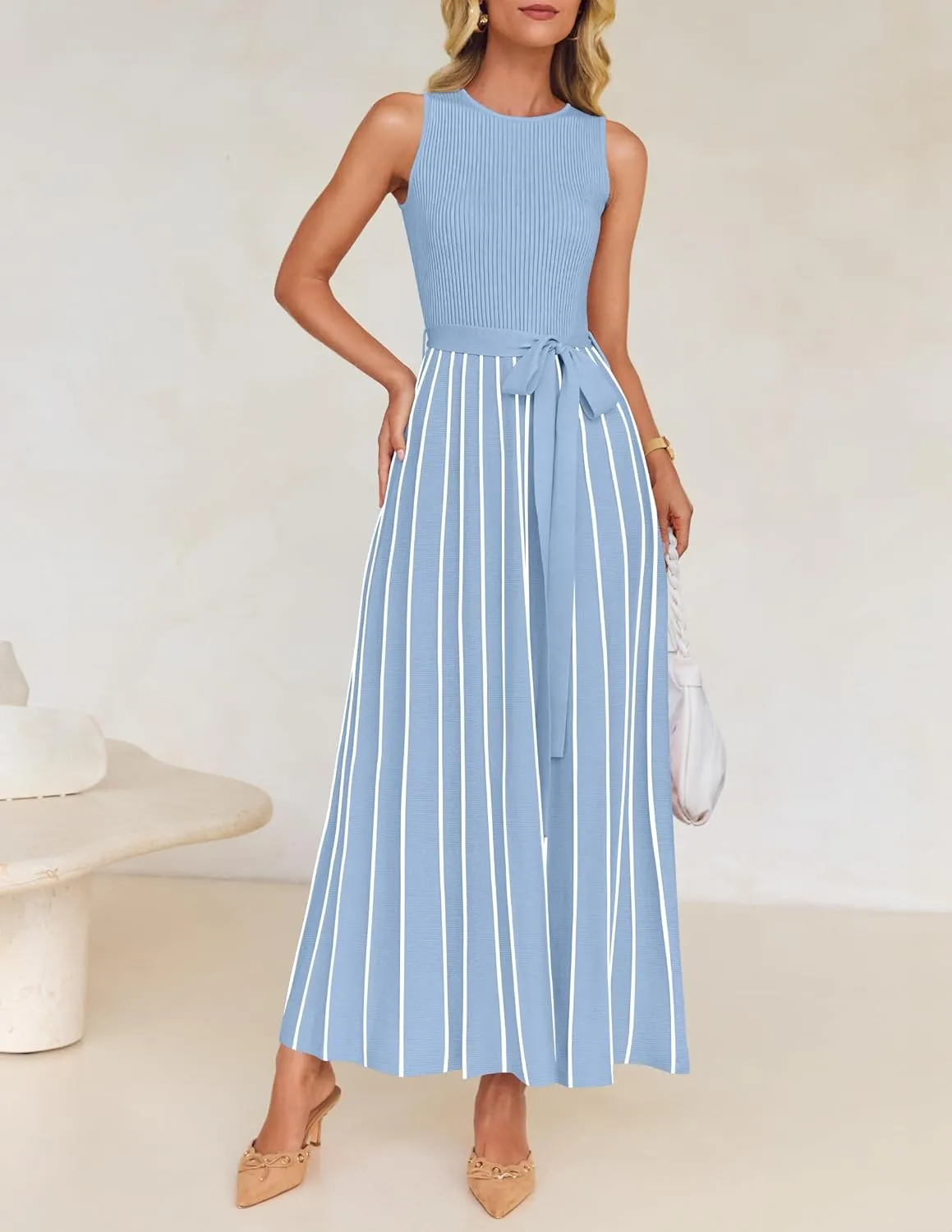 ZESICA Women's Summer Sleeveless Midi Dress 2025 Crewneck Ribbed Knit Tie Waist Casual A Line Swing Dresses