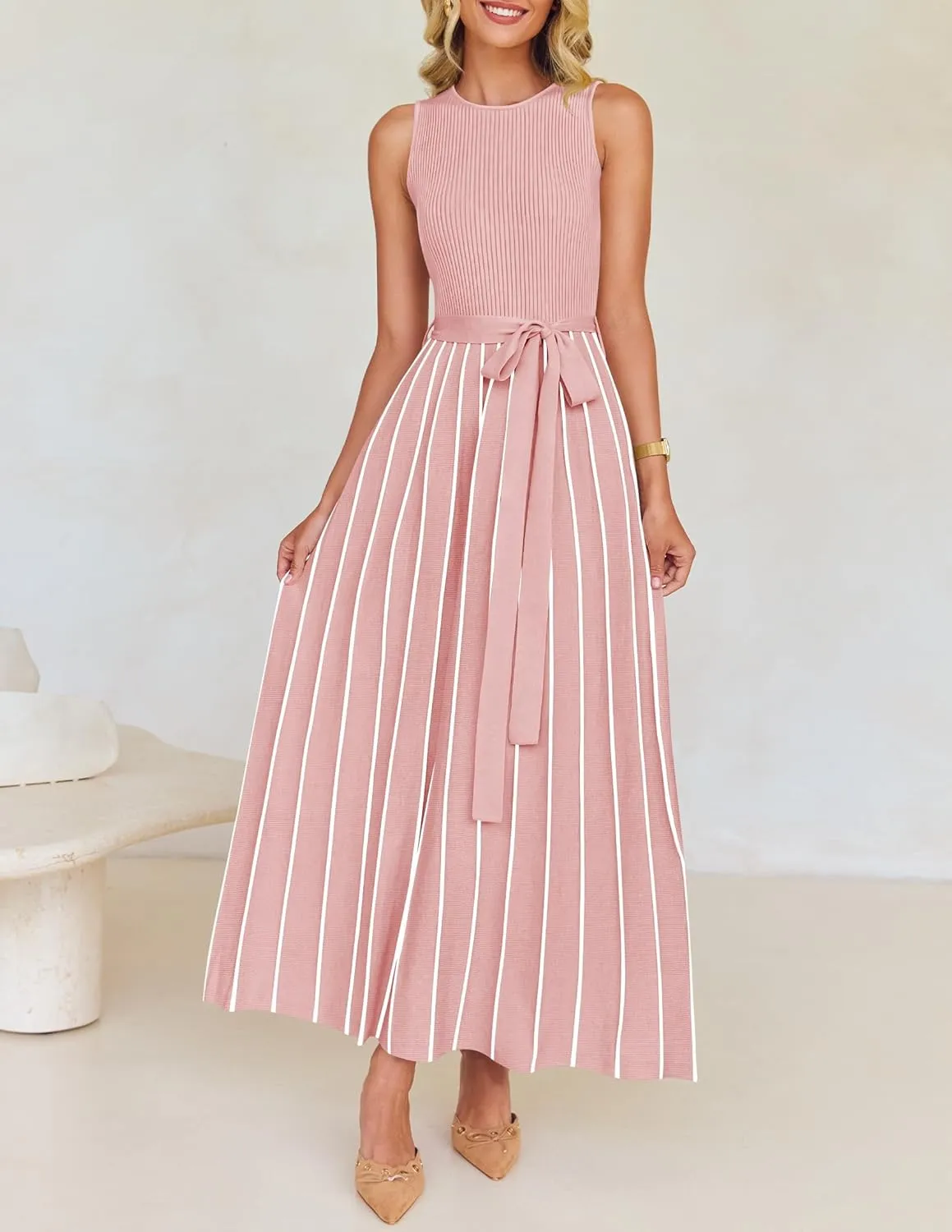 ZESICA Women's Summer Sleeveless Midi Dress 2025 Crewneck Ribbed Knit Tie Waist Casual A Line Swing Dresses