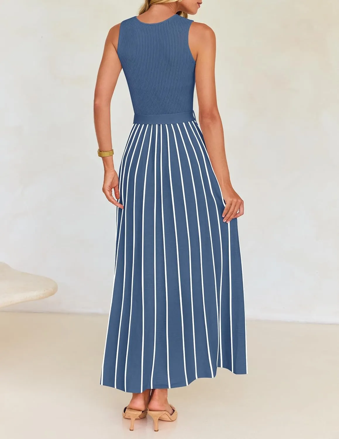 ZESICA Women's Summer Sleeveless Midi Dress 2025 Crewneck Ribbed Knit Tie Waist Casual A Line Swing Dresses